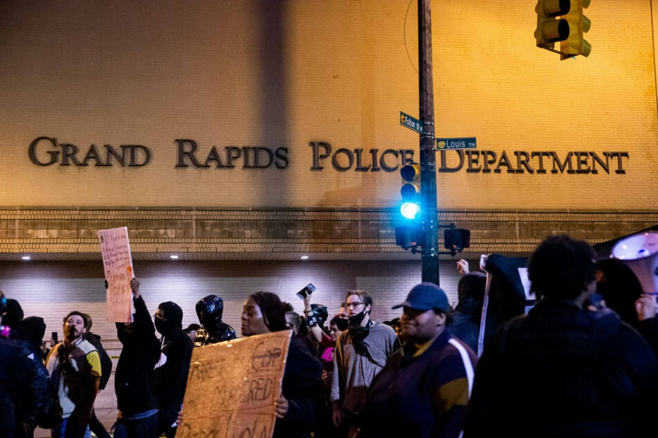 Protesters marched outside the Grand Rapids Police Department on Wednesday after the killing of Patrick Lyoya by a city police officer.