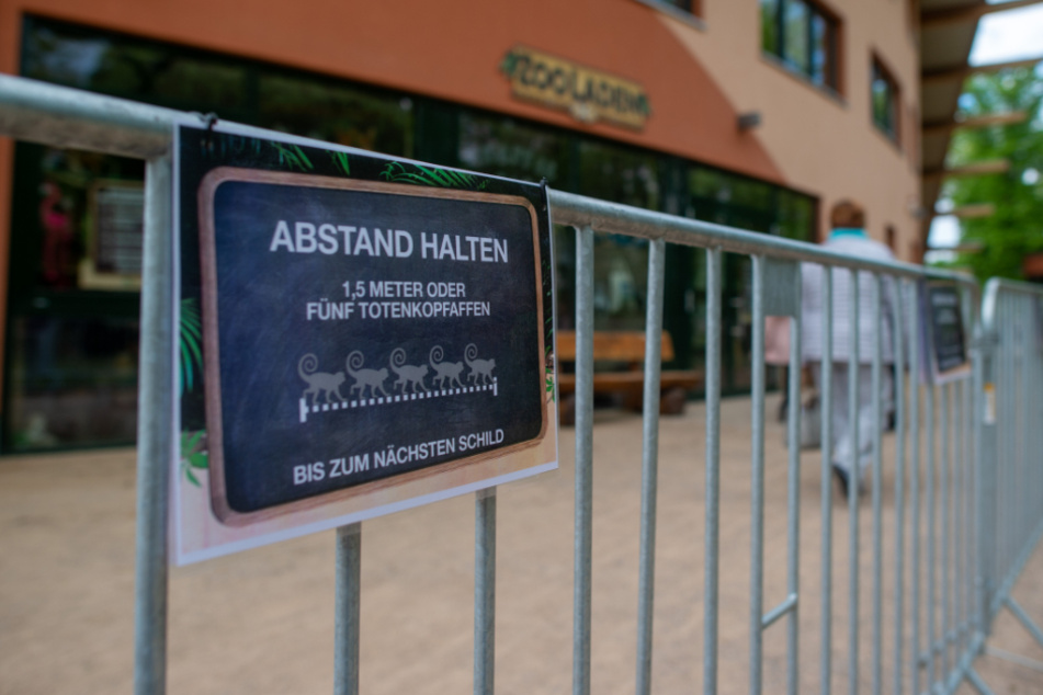 Magdeburg: "Abstand halten. 1,5 Meter oder fünf Totenkopfaffen" steht am Zooeingang auf einem Schild, das an einerm Gitter hängt. Das Gitter war aufgestellt worden, um die Besucherströme besser lenken zu können. Wegen der Ausbreitung des Corona-Virus musste der Zoo am 17. März 2020 jedoch schließen.