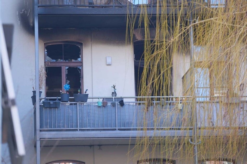 Die Wohnung am Morgen nach dem Brand. Fenster und Fassade zeigen deutlich, wie heftig das Feuer wütete.