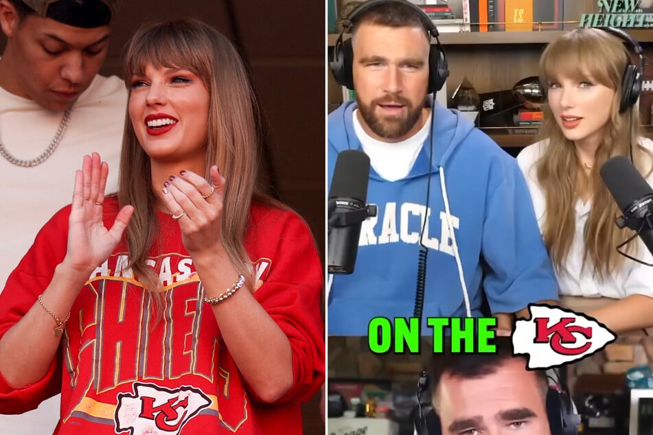 Taylor Swift (l.) shook off the grumpy sports fans criticizing her presence in the NFL world as she joined the New Heights podcast on Wednesday.
