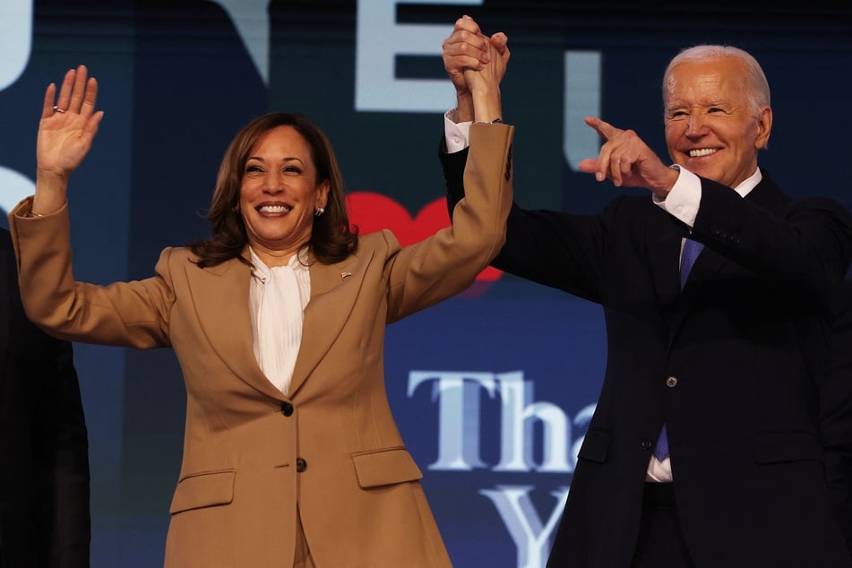 President Joe Biden and Vice President Kamala Harris appear onstage together at the Democratic National Convention in Chicago, Illinois.