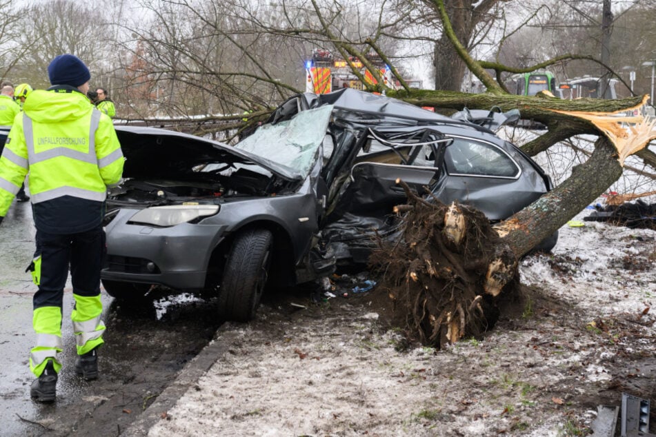 In Hannover ist ein BMW am Dienstag gegen einen Baum gekracht. Es waren drei Insassen an Bord.