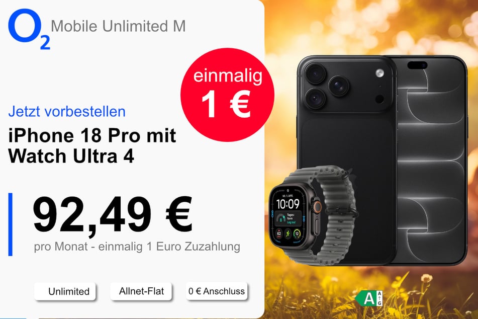 Das neue iPhone 18 Pro mit Watch Ultra 4 und Unlimited-Tarif für einmalig nur 1 Euro bei o2.