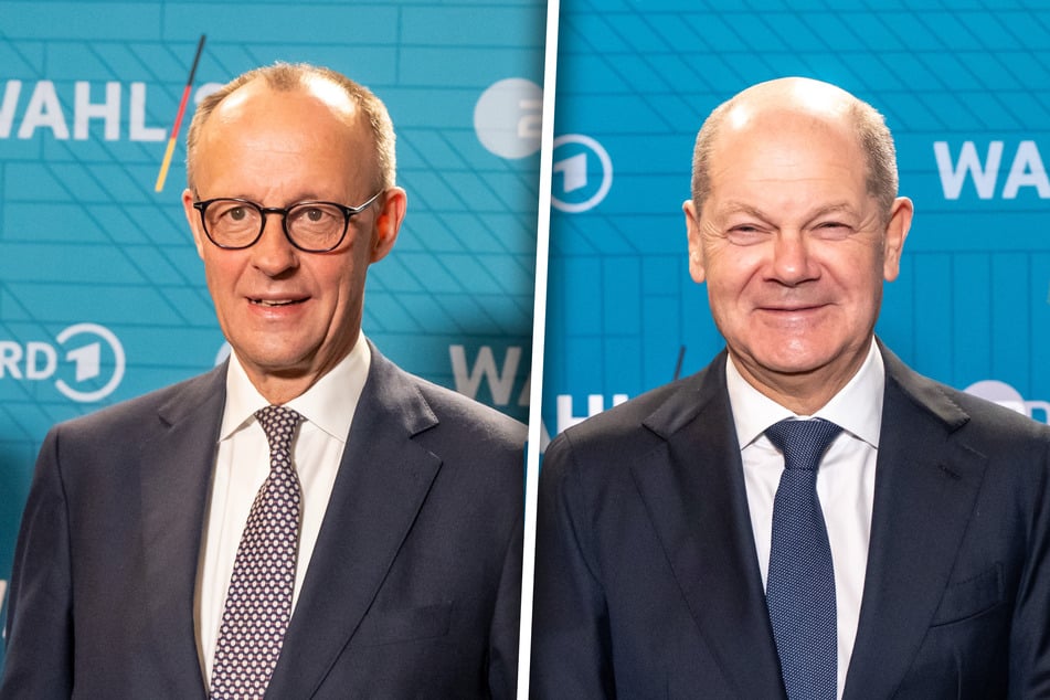 Unions-Kanzlerkandidat Friedrich Merz (69, l.) und Bundeskanzler Olaf Scholz (66, SPD) stellen sich seit 20.15 Uhr dem Kanzlerduell in ARD und ZDF.