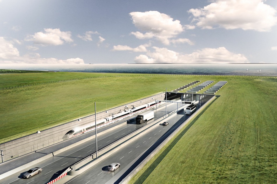 Die Visualisierung des geplanten Fehmarnbelt-Tunnels zwischen Deutschland und Dänemark mit dem Tunneleingang auf dänischer Seite bei Rodbyhavn.
