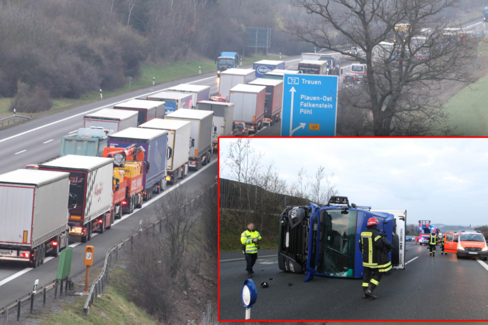 A72: Lkw kippt um, kilometerlanger Stau!