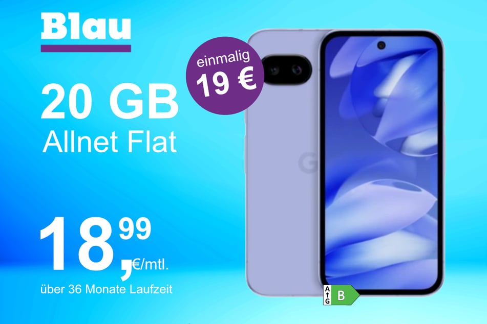Das Google Pixel 9a im Blau Allnet M für einmalig 19 Euro.