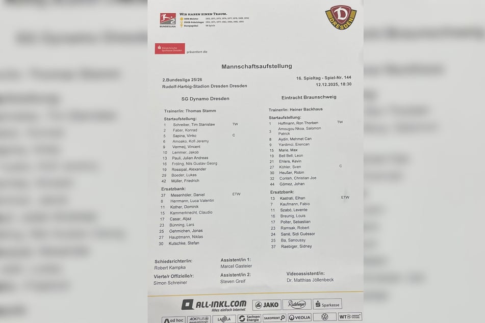 Ein Blick auf den Aufstellungsbogen. So starten beide Teams ins Flutlicht-Spiel.