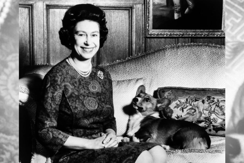 Queen Elizabeth II posing with her first pet corgi, Susan, in 1970.