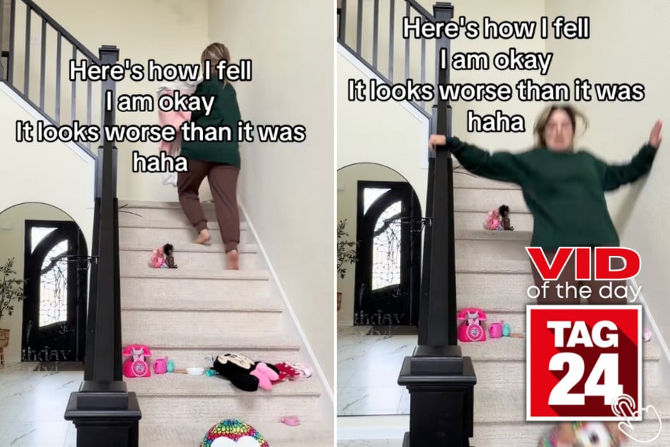 This staircase wipeout had viewers wincing - and questioning that railing!