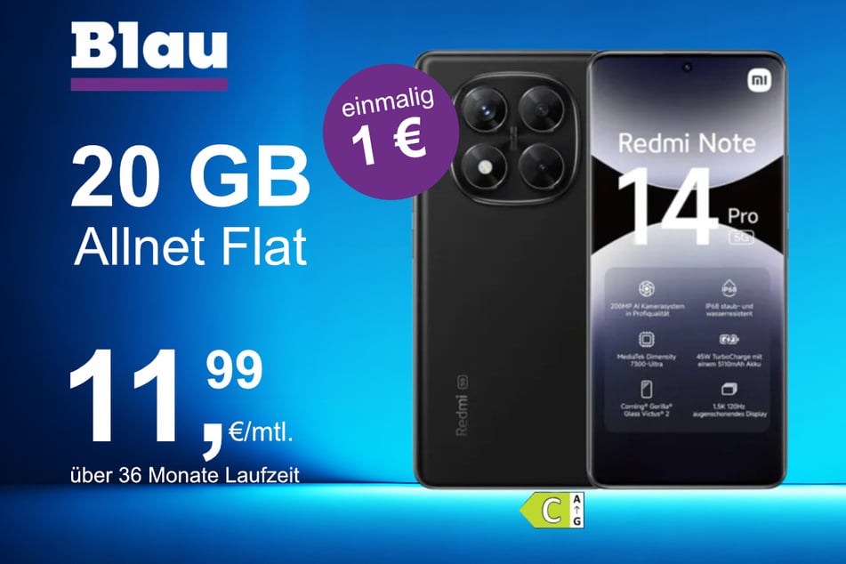 Das Xiaomi Redmi Note 14 Pro im Blau Allnet M für einmalig 1 Euro.