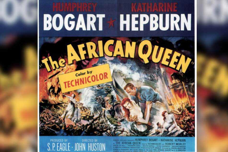 Plakat vom Filmklassiker "African Queen" mit Katherine Hepburn und Humphrey Bogart.