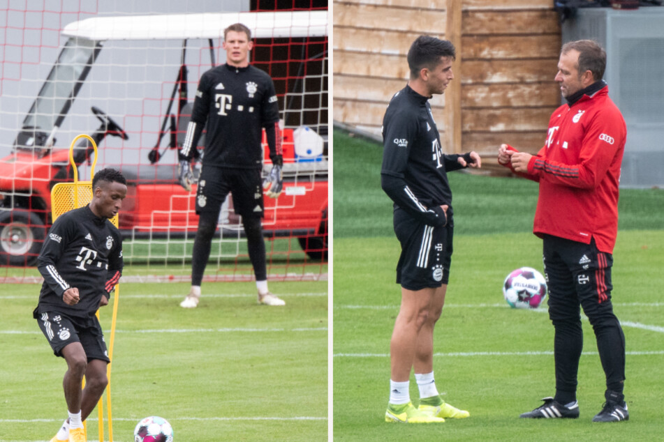 Neben dem im Sommer verpflichteten Nübel (m.l.) könnten auch die Neuzugänge Bouna Sarr (l.) und Marc Roca (m.r.) im Pokalspiel ihr Bayern-Debüt mit Trainer Flick (r.) feiern. (Bildmontage)