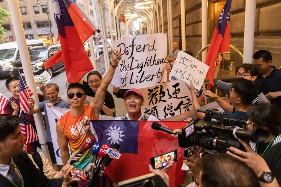 Supporters gathered during Taiwan Vice President William Lai's arrival at the Lotte Hotel in Manhattan on Saturday.
