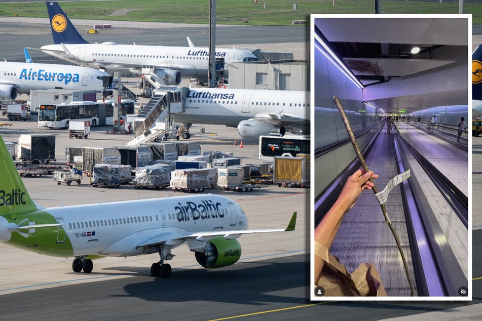 Mit diesem Stock (r.) sorgte der Brite Benjamin Rothery unter anderem am Frankfurter Flughafen für jede Menge Spaß.