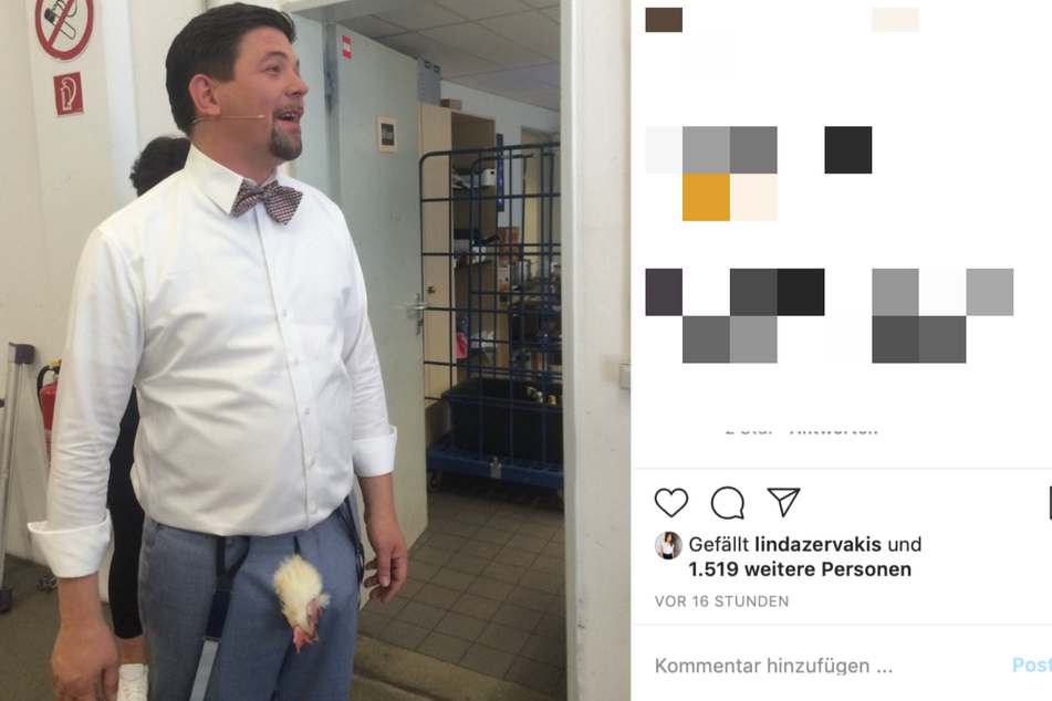 Tot oder lebendig? Aus Tim Mälzers (50) Hose lugt der Kopf einer Henne hervor.