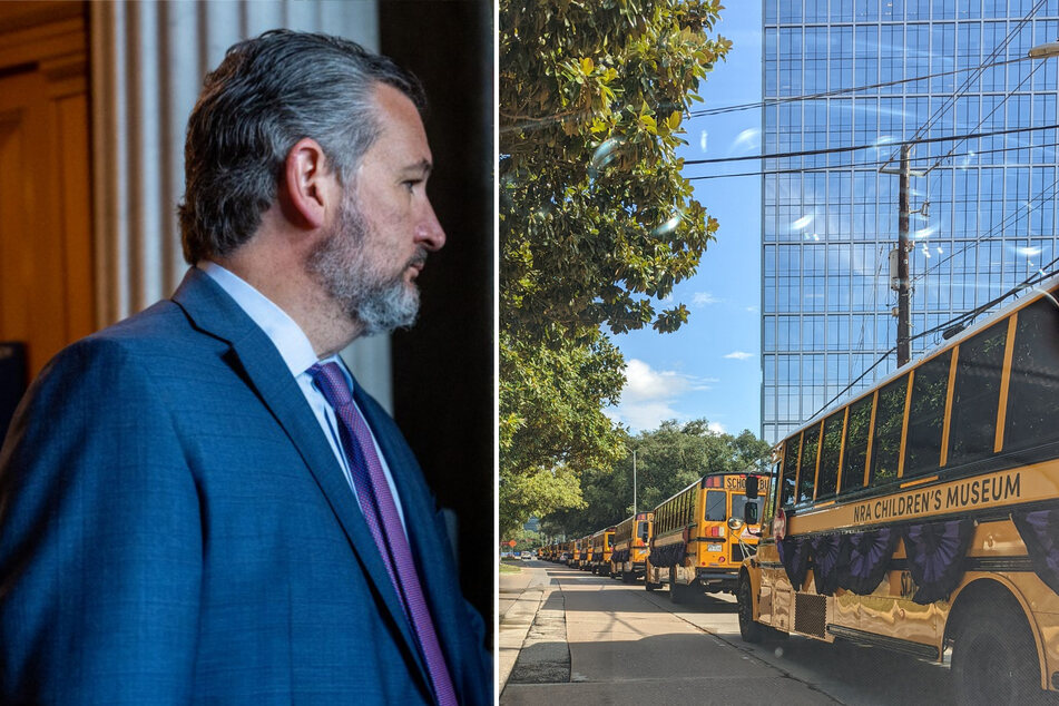 A caravan of 52 empty yellow school buses arrived at the Houston office of Republican Senator Ted Cruz on Thursday.