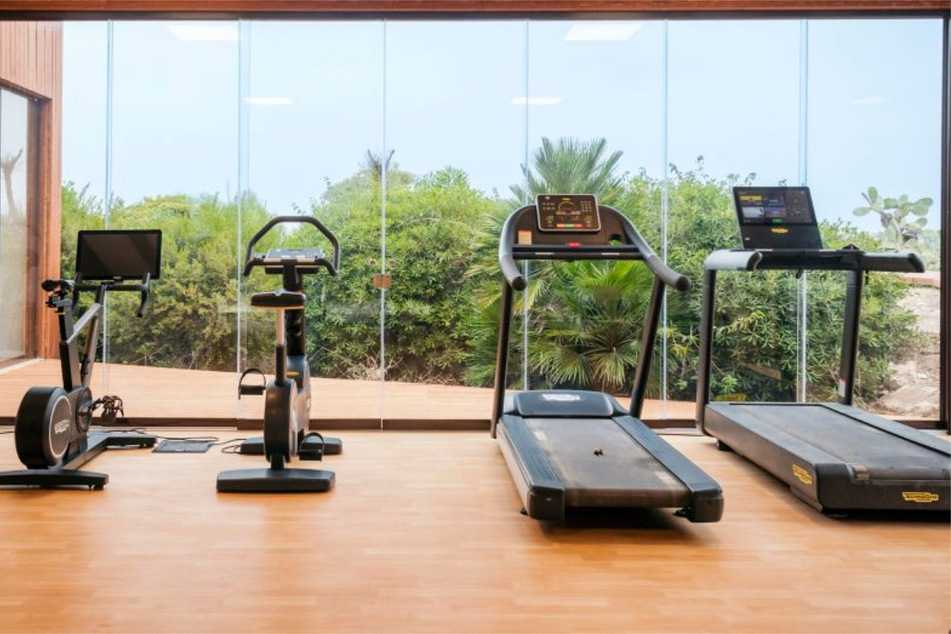 Das Fitness-Studio bietet einen entspannten Ausblick ins Grüne und zahlreiche moderne Trainingsgeräte.