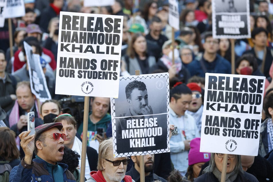 Pro-Palestinian protesters hold flags and signs at the Release Mahmoud Khalil, Hands Off Our Students, ICE Off Our Campus rally in New York City on March 10, 2025.