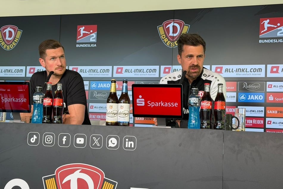 Für das Heimspiel gegen den 1. FC Kaiserslautern kann Dynamo-Chefcoach Thomas Stamm (43, r.) nahezu auf den kompletten Kader zurückgreifen.