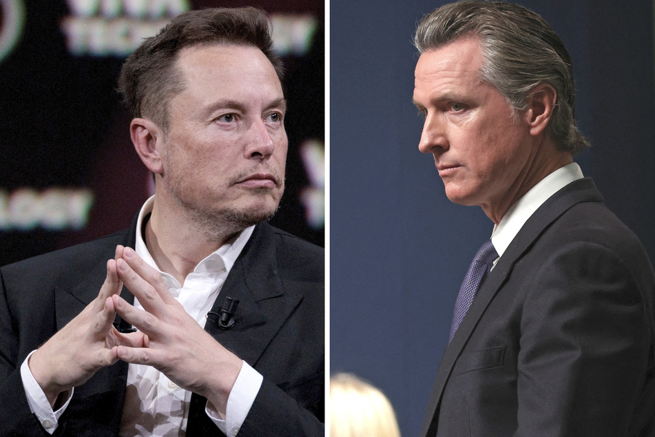 X owner Elon Musk (l.) is suing the state of California over AB 587, signed into law by Governor Gavin Newsom.