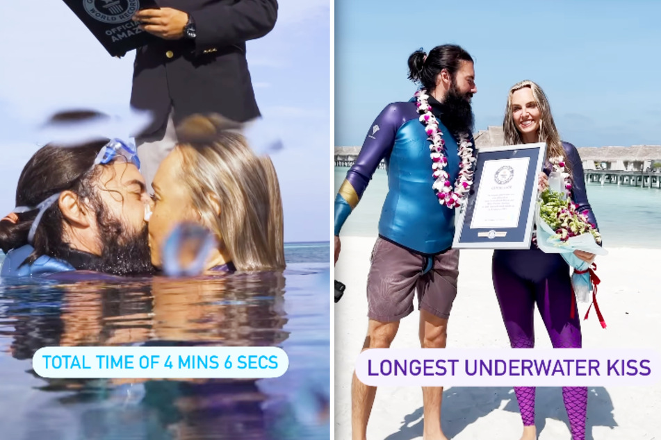 Auch nach vier Minuten im Wasser küssen sich Beth und Miles noch! Jetzt sind sie stolze Träger des Weltrekord-Titels!