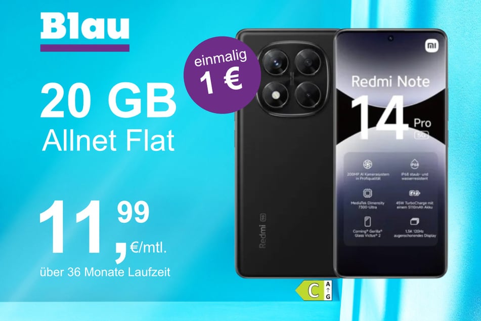Das Xiaomi Redmi Note 14 Pro im Blau Allnet M für einmalig 1 Euro.
