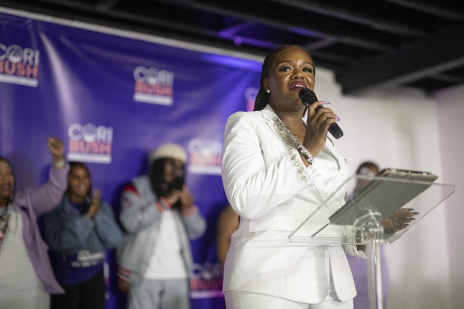 Congresswoman Cori Bush delivers her concession speech during a primary election watch party in St. Louis, Missouri, on August 6, 2024.