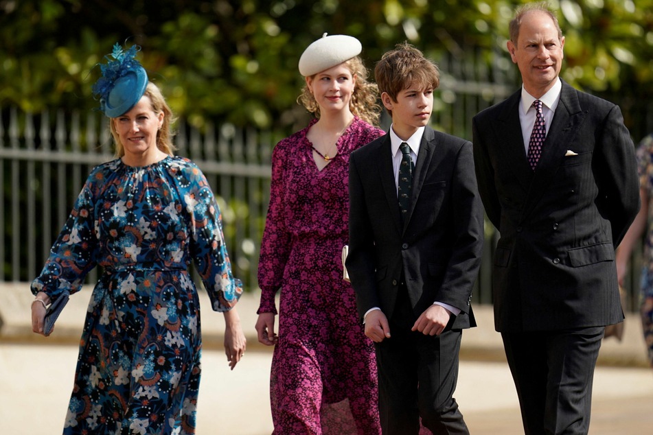 From l. to r. : Britain's Sophie, Countess of Wessex; Lady Louise Mountbatten-Windsor; James, Viscount Severn; and Prince Edward, Earl of Wessex