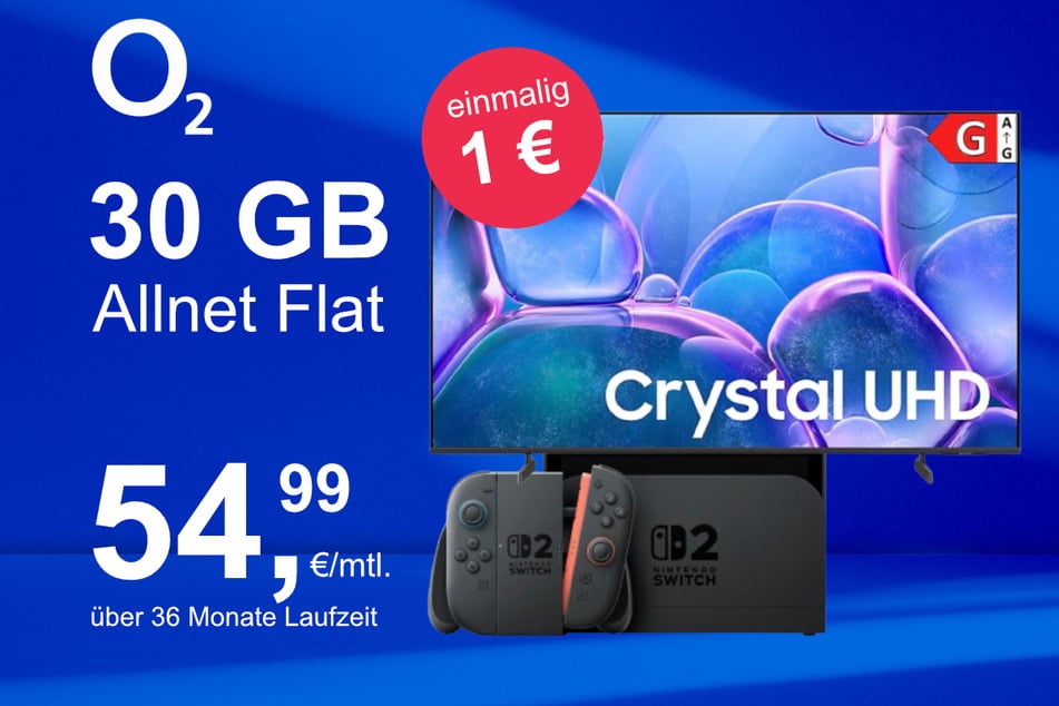 Die Nintendo Switch 2 plus Samsung 50-Zoll Crystal UHD im o2 Mobile M inkl. 30 GB+ für einmalig nur 1 Euro.