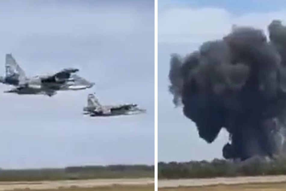 Zwei russische Kampfjets starten, doch nur wenige Sekunden später zerschellt eine der Maschinen. Der Pilot konnte sich offenbar nicht mehr rechtzeitig mit dem Schleudersitz retten.