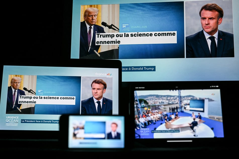 Shots of various screens taken on June 10, 2025, show France's President Emmanuel Macron next to an image of US President Donald Trump with a text reading "Trump or science as an enemy."