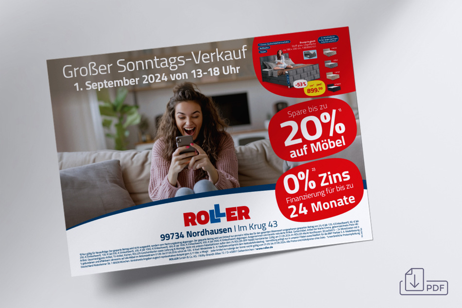 Am Sonntag (1.9.) gibt's bei ROLLER bis zu 500 Euro Rabatt auf alle Möbel
