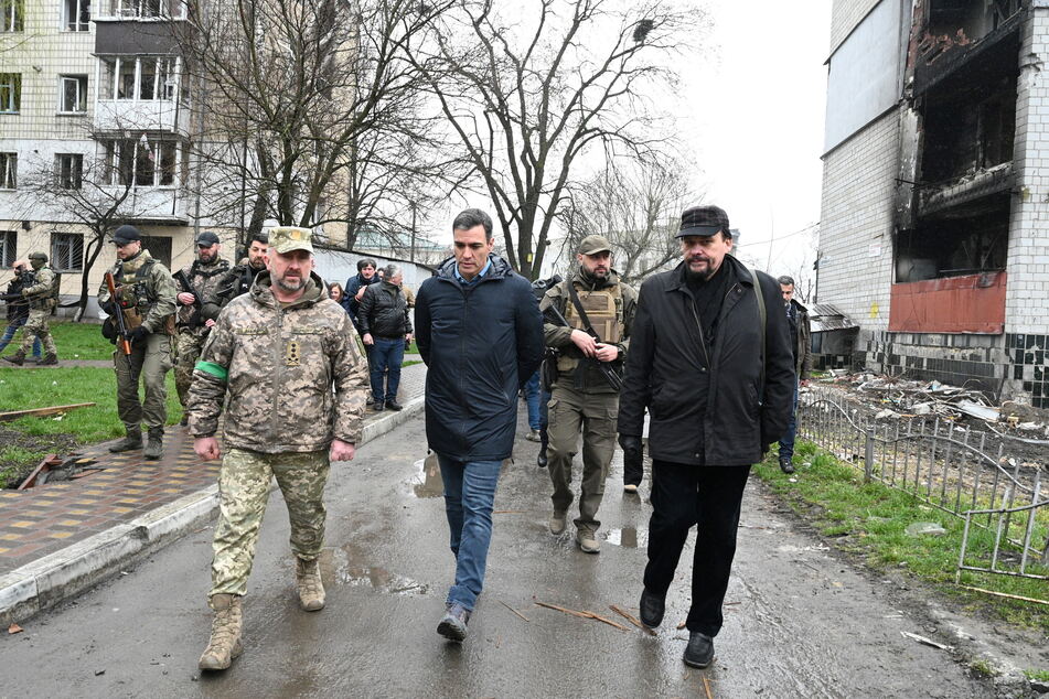 Spanish Prime Minister Pedro Sánchez, visiting Borodyanka, where multiple mass graves were discovered.