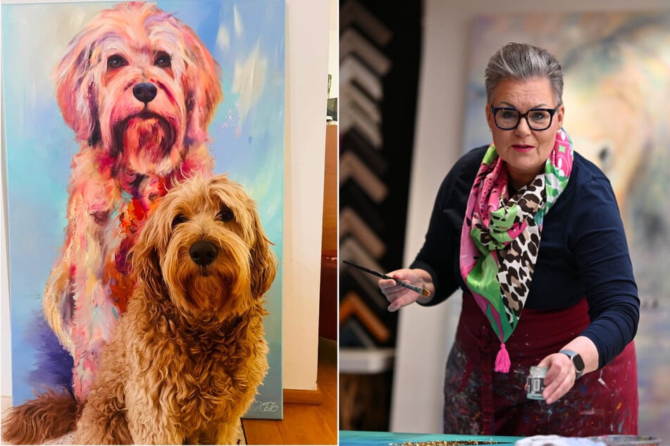 Nach Coopers Rückkehr aus Berlin entstand ein besonderes Erinnerungsfoto: Der Vierbeiner sitzt direkt vor seinem gemalten Ebenbild. Rechts: Die Künstlerin Manuela Rathje.