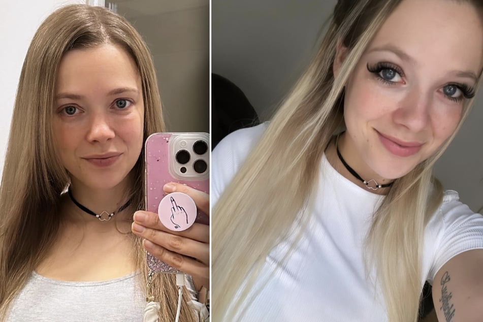 Anne Wünsche (31) fühlt sich ohne ihre verlängerten Wimpern "nackt". Ohne (links) sieht sie ganz anders aus.