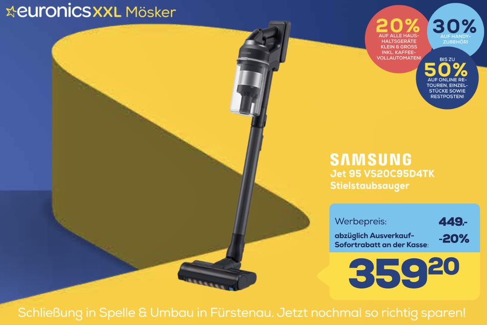 Samsung-Stielstaubsauger Jet 95 VS20C95D4TK für 359,20 statt 449 Euro.