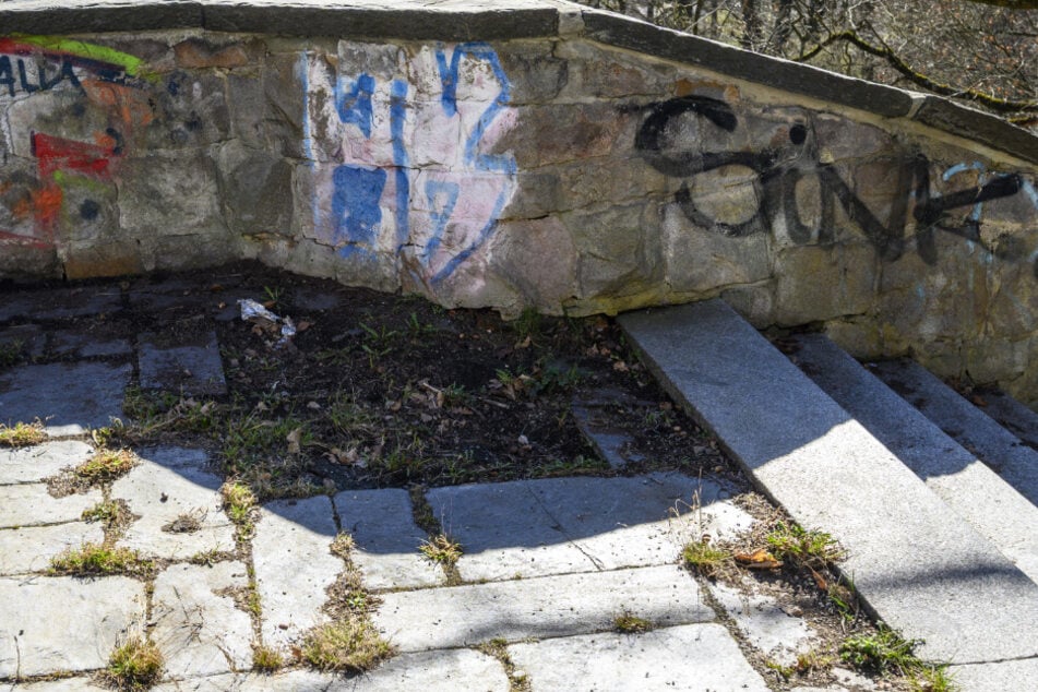 Fehlende Gehwegplatten zeugen am oberen Treppenabsatz von der Reparaturbedürftigkeit.