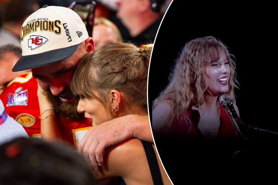 Taylor Swift gave a nod to her romance with NFL star Travis Kelce (l.) during her acoustic set at The Eras Tour in Lyon on Sunday.