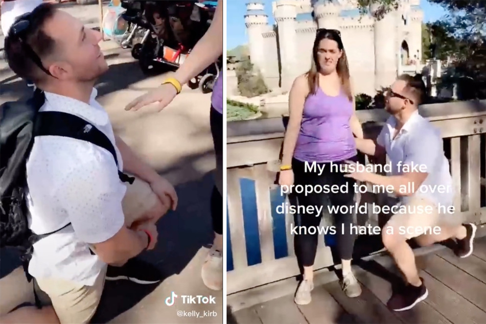 "My husband made me fake wedding proposals all over Disney World because he knows I hate that kind of thing," Kelly explained in her TikTok clip.