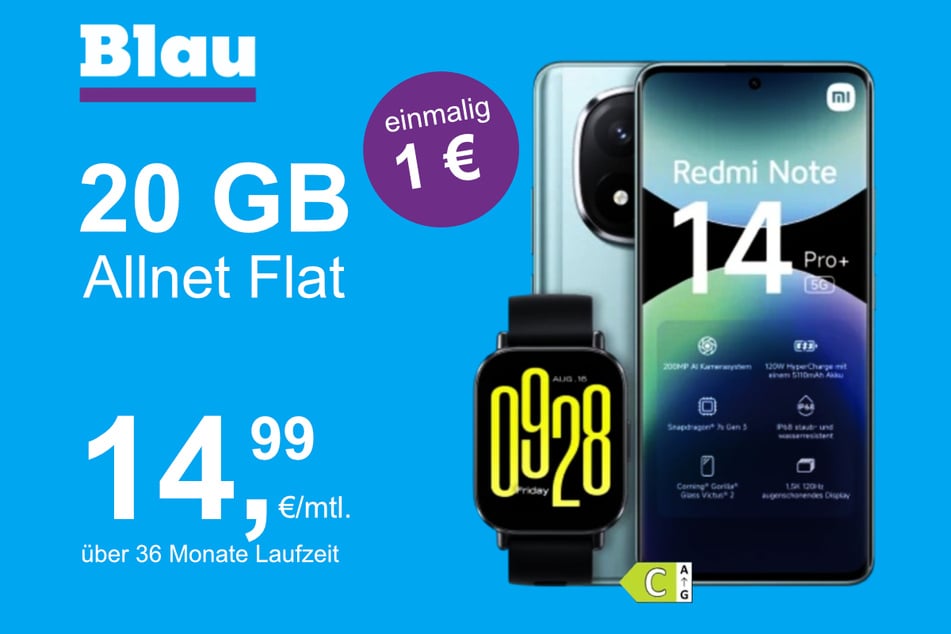 Das Xiaomi Redmi Note 14 Pro Plus + Watch 5 Active im Blau Allnet M für einmalig 1 Euro.