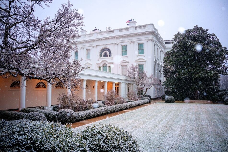 Snow falls in the Rose Garden of the White House on February 11, 2025 in Washington, DC.