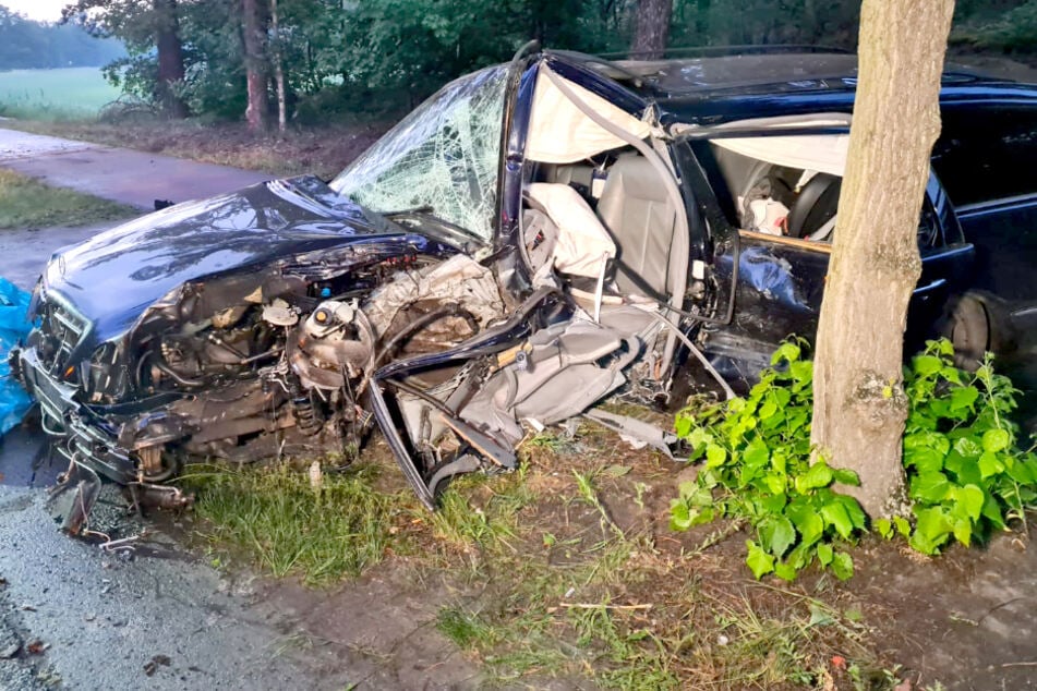 Ein Auto ist gegen eine Bushaltestelle und anschließend gegen einen Baum geprallt.