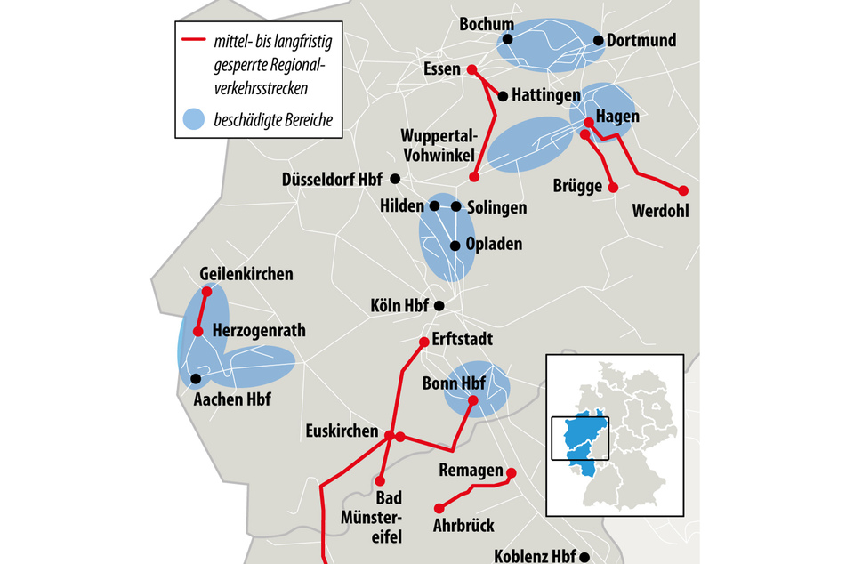 Die rot markierten Regionalverkehrs-Strecken werden wohl länger gesperrt bleiben. Die blau gefärbten Flächen könnten schneller repariert werden.
