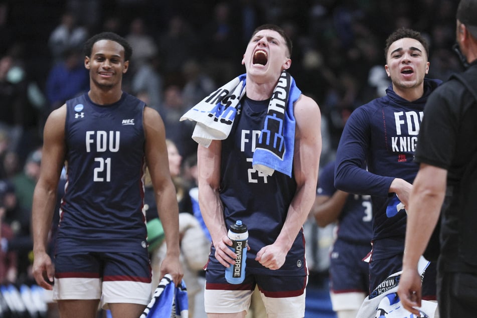 Fairleigh Dickinson celebrated after defeating No. 1 Purdue on Friday to advance to the Second Round of the March Madness Tournament.