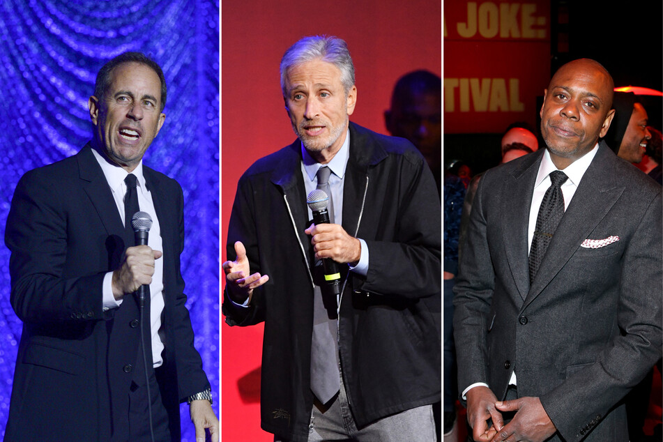 Jewish comedians Jerry Seinfeld (l.) and Jon Steward (c.) shared their thoughts on Dave Chappelle's (r.) controversial monologue from this week's Saturday Night Live.