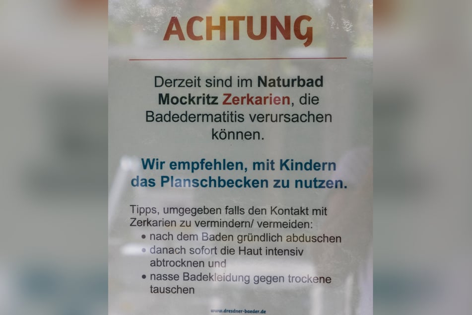 Ein Schild am Naturbad Mockritz warnt vor den nervigen aber für den Menschen völlig ungefährlichen Zerkarien (Mini-Würmer).