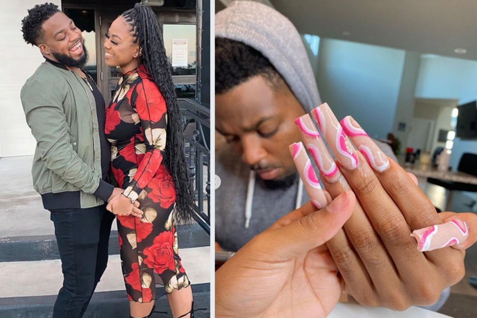 Naomi Marie (c.) decked out her husband's nails while practicing her craft as an aspiring nail artist.