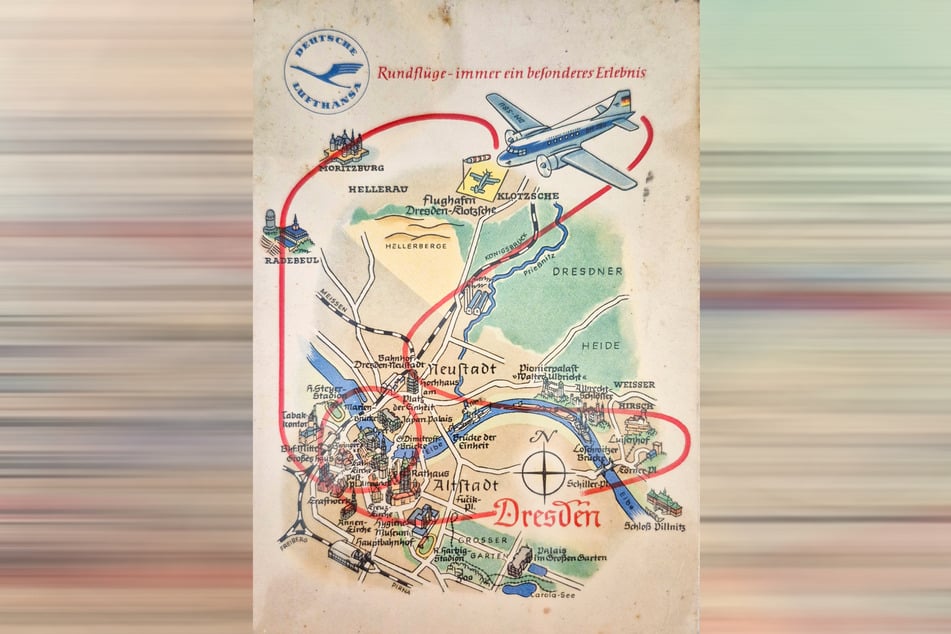 Die Postkarte illustriert den Lufthansa-Rundflug über Dresden.