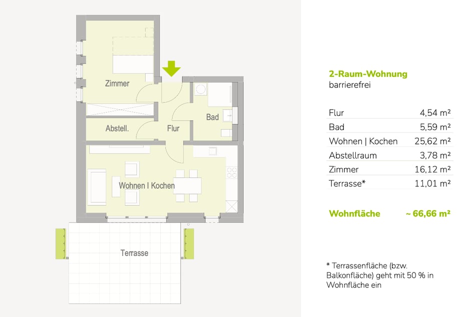 Einblick in den Grundriss einer kompakten 2-Raumwohnung.